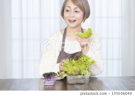Senior woman enjoying kitchen gardening Senior woman enjoying kitchen gardening 135036049