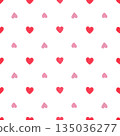 Seamless Pattern of small red and pink Hearts. Watercolor illustration of a symbol of love. Hand drawn sketch on a white isolated Background. Water color painting. Ideal for prints on paper or fabric 135036277