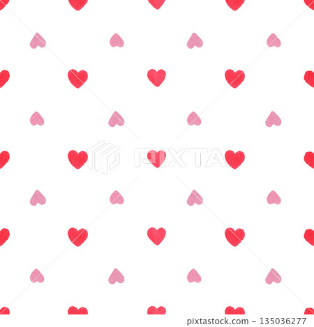 Seamless Pattern of small red and pink Hearts. Watercolor illustration of a symbol of love. Hand drawn sketch on a white isolated Background. Water color painting. Ideal for prints on paper or fabric 135036277
