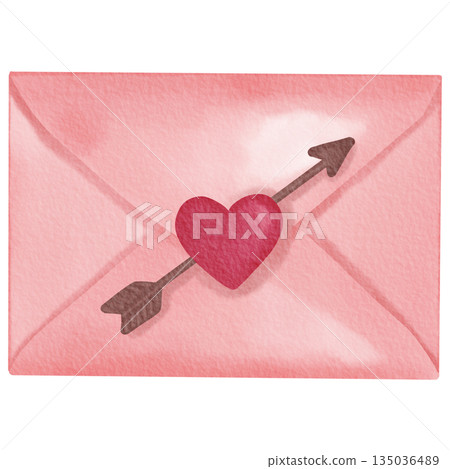 Soft watercolor illustration of a pink envelope decorated with a red heart pierced by an arrow. 135036489