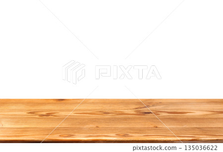 A front view image of a wooden table or desk top, with a white background. A front view image of a wooden table or desk top, with a white background. 135036622
