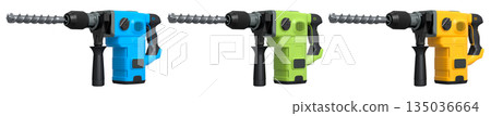 Set of electric rotary hammers with side handles and drill bits, isolated on white transparent background, concept of power tools Set of electric rotary hammers with side handles and drill bits, isolated on white transparent background, concept of power tools 135036664