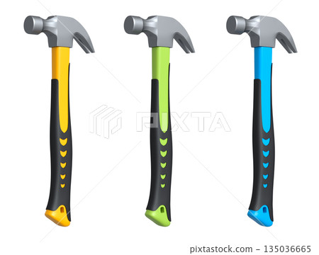 Set of claw hammers with yellow, green, and blue grips isolated on white background, concept of construction tools Set of claw hammers with yellow, green, and blue grips isolated on white background, concept of construction tools 135036665
