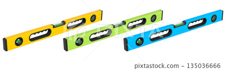 Set of bubble spirit levels with black handles on white background with clipping path, representing construction tools 135036666