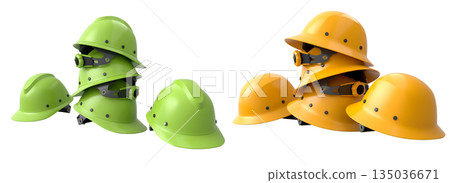 Set of construction safety helmets isolated on white transparent background, symbolizing safety and industry standards 135036671