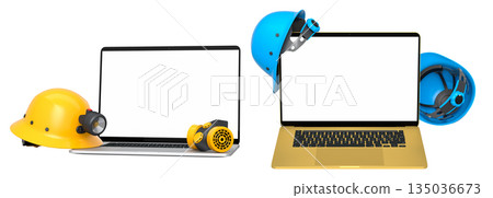 Laptops with blank screens surrounded by construction helmets, respirators and earmuffs on white background with clipping path 135036673