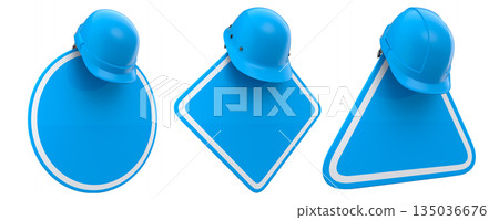 Blank traffic signs with different shapes and colors on metal poles on white background with clipping path, concept of road safety 135036676