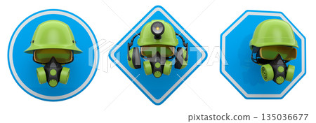 Safety helmets with goggles and respirators, shown on warning signs on white background with clipping path, industrial safety 135036677