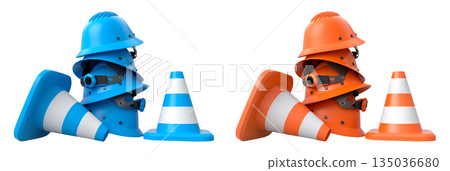 Stack of construction helmets and traffic cones isolated white background with clipping path, representing safety equipment 135036680