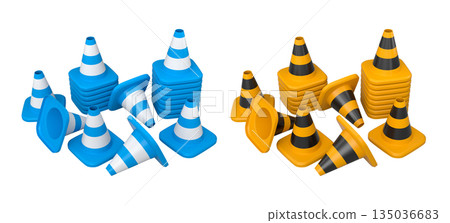 Traffic safety cones with white stripes, isolated on white background with clipping path. Concept of road safety equipment Traffic safety cones with white stripes, isolated on white background with clipping path. Concept of road safety equipment 135036683