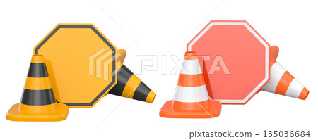 Construction traffic cones and road signs isolated on white background with clipping path, concept of safety gear 135036684