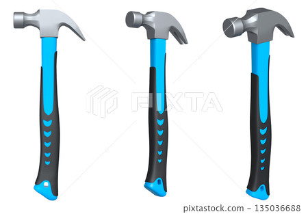 Set of claw hammers with yellow, green, and blue grips isolated on white background, concept of construction tools Set of claw hammers with yellow, green, and blue grips isolated on white background, concept of construction tools 135036688