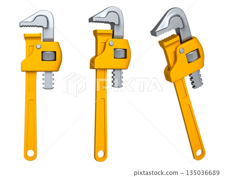 Set of colorful pipe wrenches with metallic jaws isolated on white background with clipping path, concept of construction tools Set of colorful pipe wrenches with metallic jaws isolated on white background with clipping path, concept of construction tools 135036689