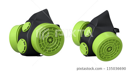 Set of professional respirator gas masks with dual filters on white background with clipping path. Concept of construction tools Set of professional respirator gas masks with dual filters on white background with clipping path. Concept of construction tools 135036690