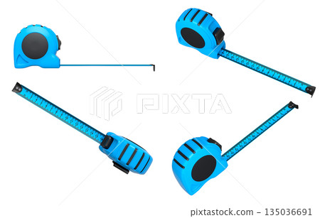Set of measuring tapes in green, blue, and yellow with extended rulers, isolated on white background with clipping path Set of measuring tapes in green, blue, and yellow with extended rulers, isolated on white background with clipping path 135036691