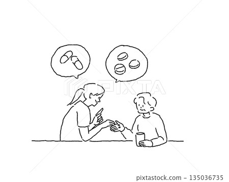 一位女性護理員（護士）正在協助一位老年婦女服藥，線條畫 135036735