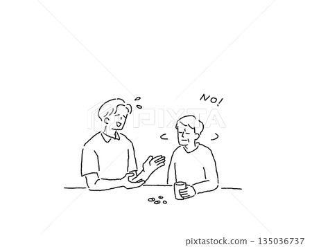 一位拒絕服藥的老人和一位男性護理員（護士），線條畫 135036737