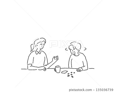 一位拒絕服藥的老婦人和她的護理員（護士），線條畫 135036739