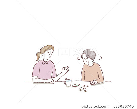 An elderly woman who refuses to take her medication and her caregiver (nurse) 135036740