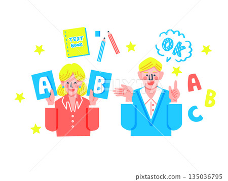 Illustration set of foreign English conversation class instructors (male and female) and learning items Illustration set of foreign English conversation class instructors (male and female) and learning items 135036795