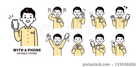 Simple facial expressions and pose sets of men in their 20s and 30s holding smartphones_Upper body vector illustration material 135036808