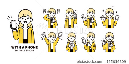 一組簡單的面部表情和姿勢圖，描繪了20多歲和30多歲的女性手持智慧型手機的形象_上半身向量插圖素材 135036809