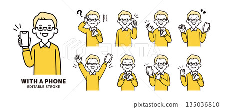 Simple facial expression and pose set of an elderly man holding a smartphone - upper body vector illustration Simple facial expression and pose set of an elderly man holding a smartphone - upper body vector illustration 135036810
