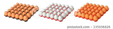 Plastic trays filled with neatly stacked brown and white eggs, isolated on white transparent background. Plastic trays filled with neatly stacked brown and white eggs, isolated on white transparent background. 135036826