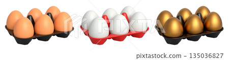 Plastic trays filled with neatly stacked brown, gold and white eggs, isolated on white transparent background. Plastic trays filled with neatly stacked brown, gold and white eggs, isolated on white transparent background. 135036827