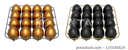 Metal trays filled with neatly stacked gold and black eggs, isolated on white transparent background. 135036829