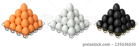 Metal trays filled with neatly stacked brown, white and black eggs, isolated on white transparent background. 135036830