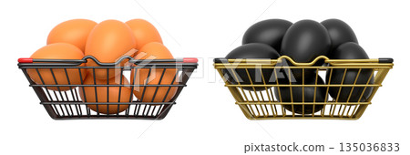 Wire baskets filled with eggs, isolated on white transparent background, concept of kitchen storage Wire baskets filled with eggs, isolated on white transparent background, concept of kitchen storage 135036833