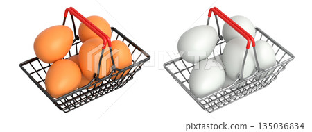 Wire baskets filled with eggs, isolated on white transparent background, concept of kitchen storage Wire baskets filled with eggs, isolated on white transparent background, concept of kitchen storage 135036834