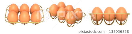 Metal trays filled with neatly stacked brown eggs, isolated on white transparent background. 135036838