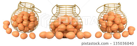 Wire baskets filled with eggs, isolated on white transparent background, concept of kitchen storage Wire baskets filled with eggs, isolated on white transparent background, concept of kitchen storage 135036840