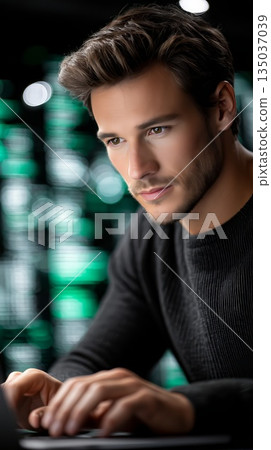 Computer programmer working late at night, developing innovative software on a laptop, surrounded by green code streaming from powerful servers in the background Computer programmer working late at night, developing innovative software on a laptop, surrounded by green code streaming from powerful servers in the background 135037039