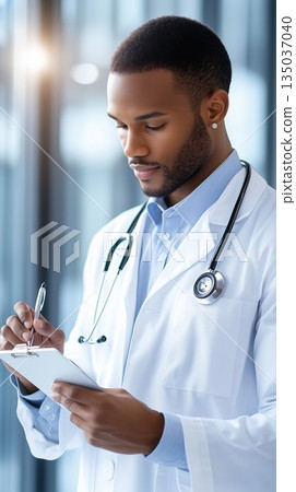 African American medical professional documenting patient information, wearing white lab coat and stethoscope, concentrating intently in clinical environment African American medical professional documenting patient information, wearing white lab coat and stethoscope, concentrating intently in clinical environment 135037040