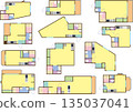 A set of various one-room floor plan images 135037041