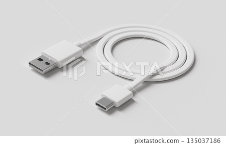 USB Type A to USB Type C Charging and Data Cable. 3D Rendering. USB Type A to USB Type C Charging and Data Cable. 3D Rendering. 135037186