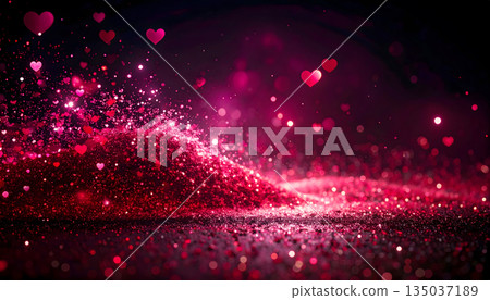 Red Glitter Dust Texture with Floating Hearts on Dark Background 135037189