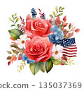 Watercolor illustration of an American flag and a bouquet of red roses isolated on white background, patriotic design element 135037369