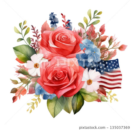 Watercolor illustration of an American flag and a bouquet of red roses isolated on white background, patriotic design element Watercolor illustration of an American flag and a bouquet of red roses isolated on white background, patriotic design element 135037369