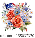 Watercolor illustration of an American flag and a bouquet of red roses isolated on white background, patriotic design element 135037370