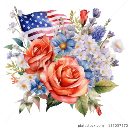 Watercolor illustration of an American flag and a bouquet of red roses isolated on white background, patriotic design element Watercolor illustration of an American flag and a bouquet of red roses isolated on white background, patriotic design element 135037370