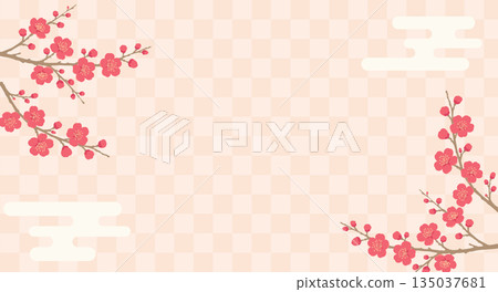 Japanese-style background with red plum blossoms and a checkered pattern - Spring and New Year frame Japanese-style background with red plum blossoms and a checkered pattern - Spring and New Year frame 135037681