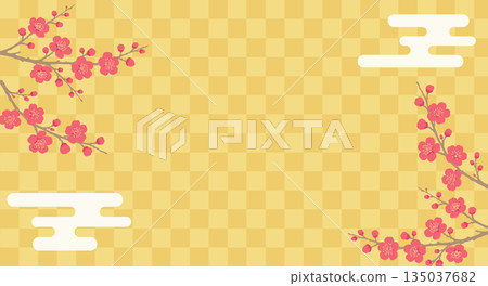 Japanese-style background with red plum blossoms and a checkered pattern. Golden spring frame. 135037682