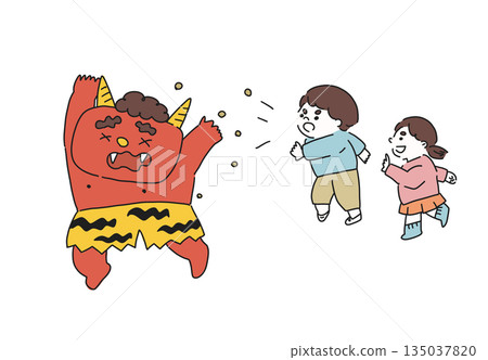 Red demons and children fleeing during Setsubun bean-throwing Red demons and children fleeing during Setsubun bean-throwing 135037820