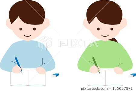 描繪男女學生在書桌前學習的插畫素材 135037871