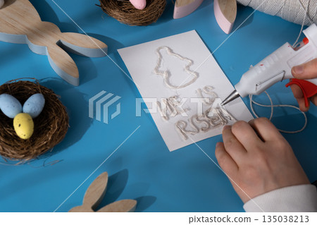 Drawing Easter angel CHRIST IS RISEN words Storytelling of creating craft Easter greeting card holiday present. Tactile hand-on activity. Master class progress of creative me-made gifts. Seasonal 135038213