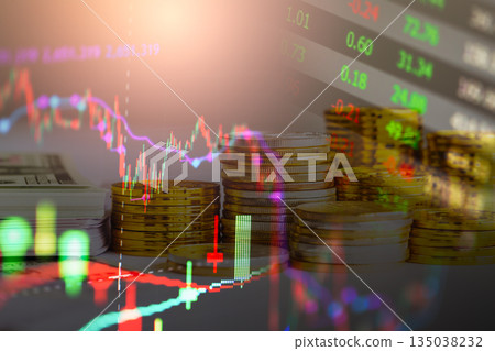 Stock market or forex trading graph and candlestick chart suitable for financial investment concept. Economy trends background for business idea and all art work design. Abstract finance background. Stock market or forex trading graph and candlestick chart suitable for financial investment concept. Economy trends background for business idea and all art work design. Abstract finance background. 135038232